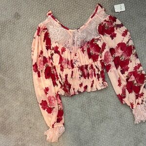 Free People Pink Ruched Crop Blouse